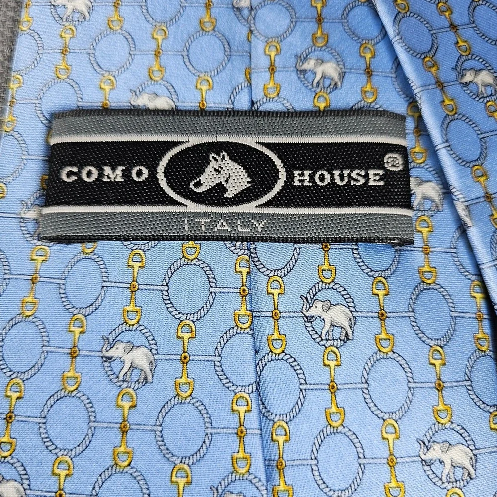 Como House Italy‎ Mens Silk Tie Light Blue Elephant Horsebit Unique Pattern